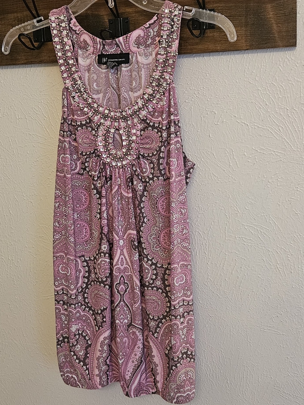 INC International Concepts Beaded Pink &Gray Paisley Top